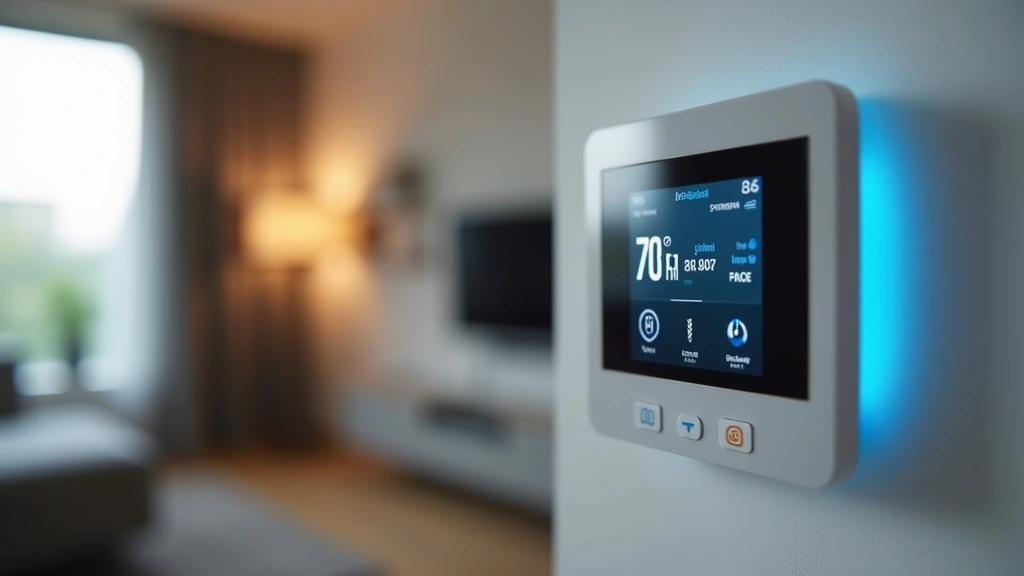 Close-up of smart thermostat display showing temperature and energy usage, blurred apartment background, modern interface, digital screen clearly visible from angle, professional product photography style