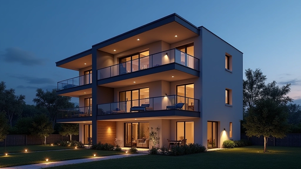 Residential building exterior at dusk with smart lighting illuminating facade, modern architecture, multiple floors visible, landscape lighting in foreground, technology-focused composition, photorealistic rendering