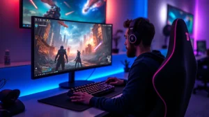 High-end gaming PC setup with RGB lighting, mechanical keyboard, gaming mouse, and ultra-wide curved monitor displaying esports gameplay in professional gaming facility environment