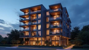 Modern apartment building exterior at dusk with warm LED lighting illuminating contemporary architecture and glass balconies, smart city technology aesthetic, photorealistic
