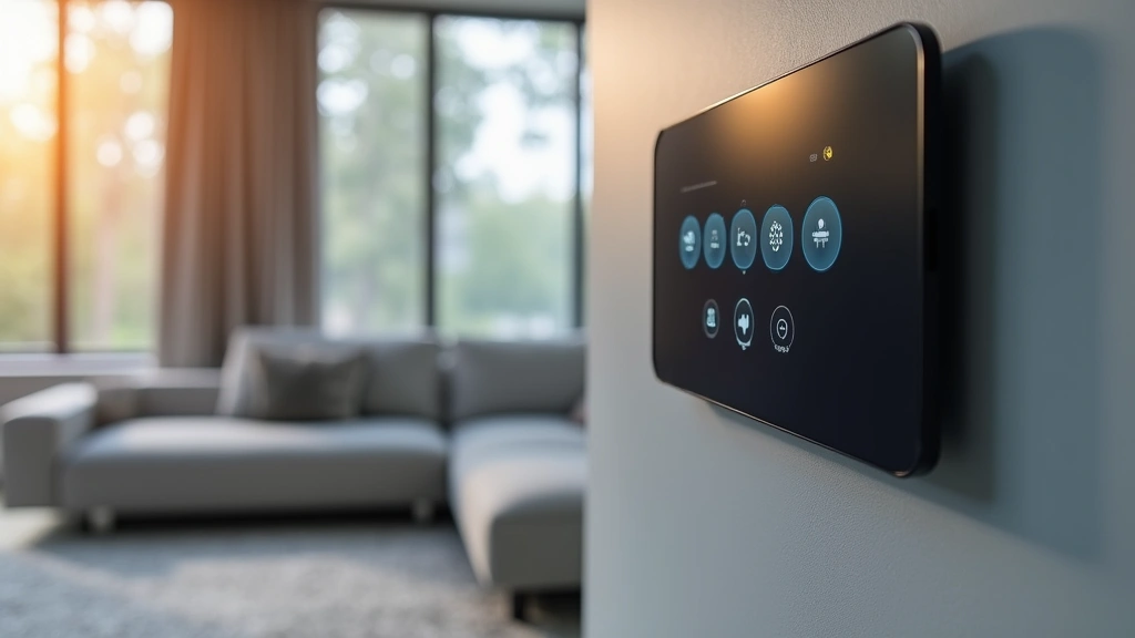 Close-up of sleek wall-mounted smart home control panel with minimalist design showing illuminated buttons and touchscreen interface in contemporary living room setting, photorealistic