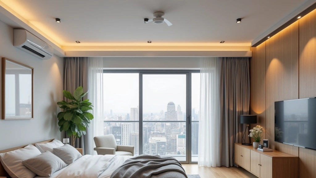 Overhead view of smart apartment unit showing integrated climate control vents, smart lighting fixtures, and security camera installation in ceiling, modern interior design photorealistic