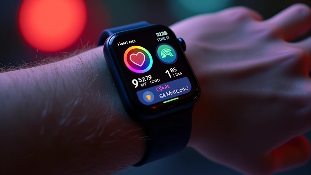 Sleek smartwatch with colorful health metrics displayed on AMOLED screen, showing heart rate, steps, and sleep data in modern interface design, wrist-worn tech gadget, bright ambient lighting