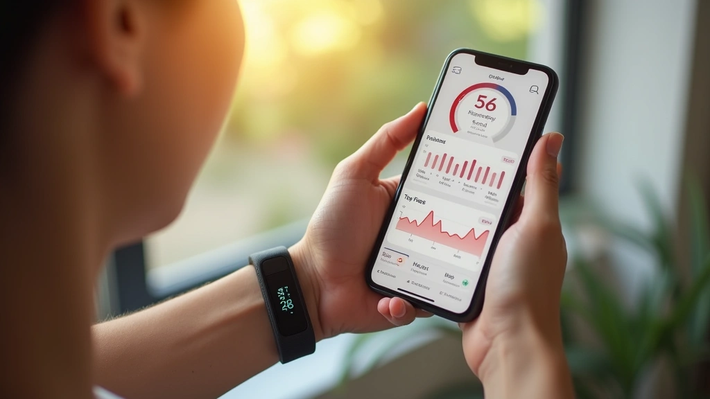 Person wearing fitness tracker during morning routine checking health dashboard on smartphone, showing sleep quality graphs, heart rate trends, and wellness recommendations, natural indoor lighting