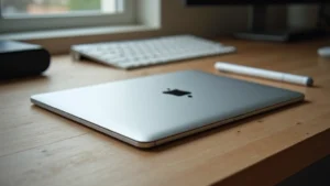 Professional flat-lay photography of a silver tablet device on premium wooden desk with wireless keyboard and stylus pen beside it, minimalist workspace setup, natural window lighting from left side, sharp focus on device bezel and screen edges