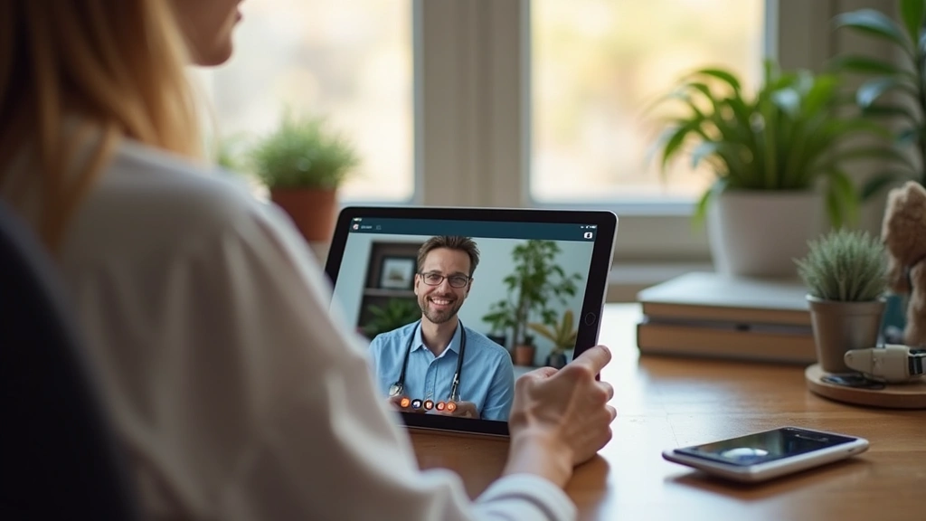 Lifestyle photograph of person using tablet for video conferencing on modern home office desk, device showing video call interface on screen, natural daylight from window, warm ambient lighting, showing real-world usability scenario