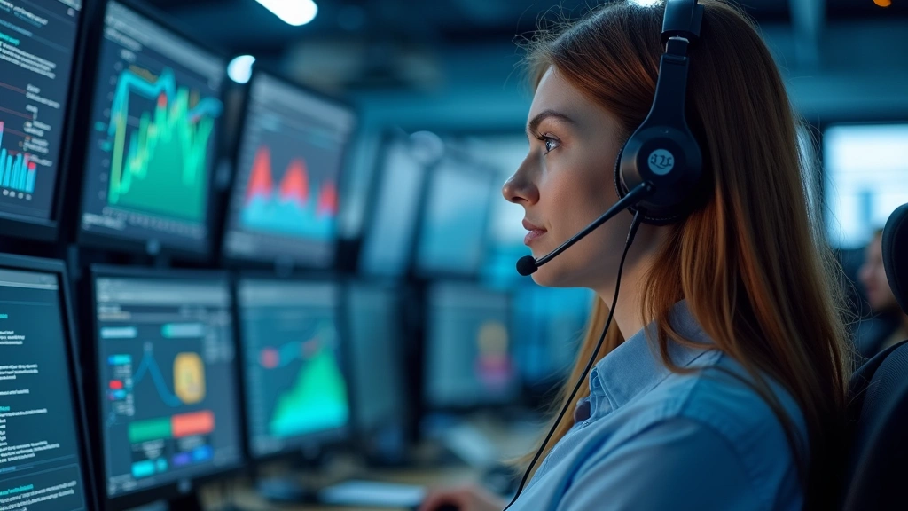 Professional customer service representative wearing headset in modern tech support center with multiple computer monitors displaying network diagnostics and real-time data visualizations