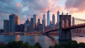 Modern Brooklyn skyline with tech office buildings, glass facades reflecting sunlight, urban innovation district at dusk with digital connections overlay, photorealistic