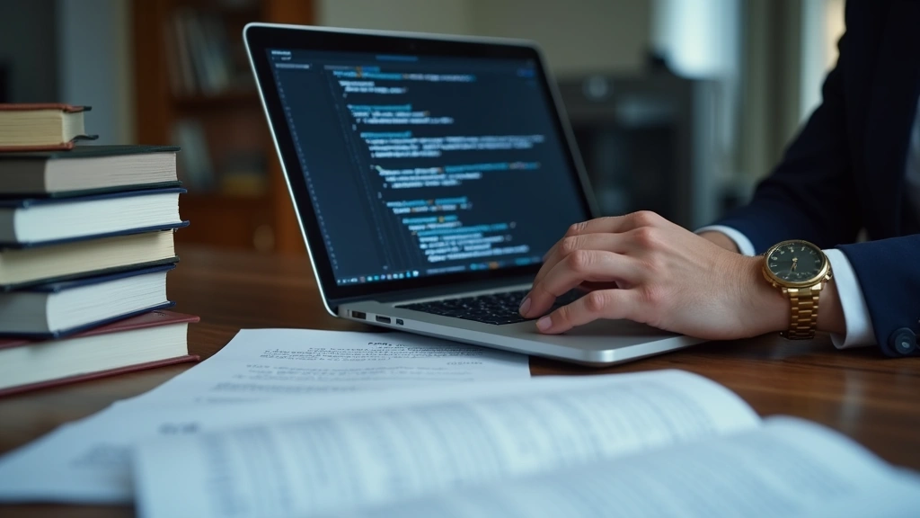 Close-up of attorney reviewing legal documents on desk with laptop displaying code, law books stacked nearby, professional workspace lighting, no visible text on screens