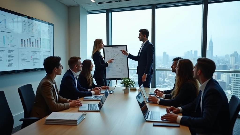 Diverse team of tech professionals and lawyers collaborating in modern conference room with city views, reviewing blockchain diagrams and compliance charts on whiteboard, professional setting
