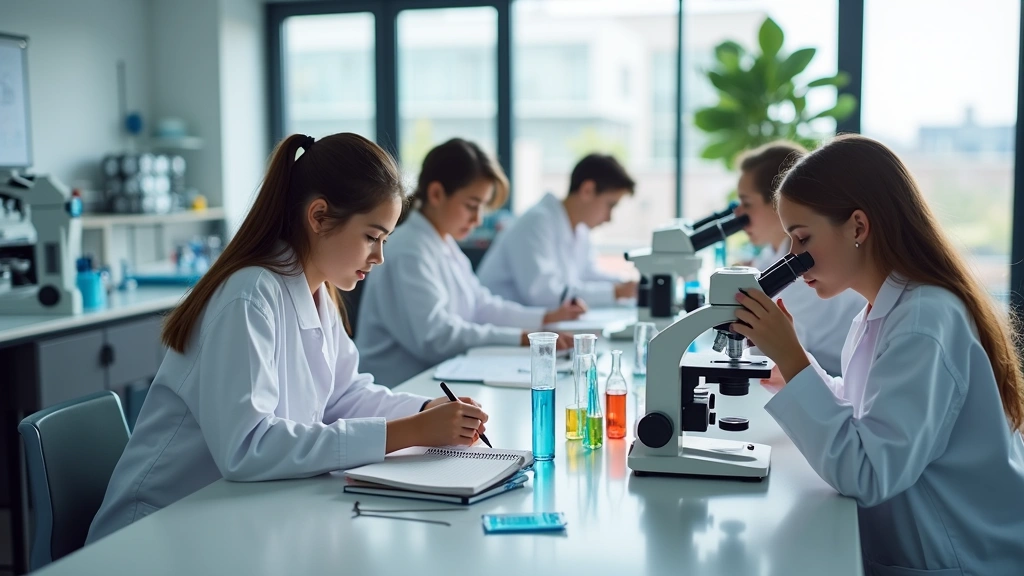 Modern high school STEM laboratory with students conducting experiments at benches with scientific equipment, focused faces examining test tubes and microscopes, bright natural lighting through large windows, clean technical environment