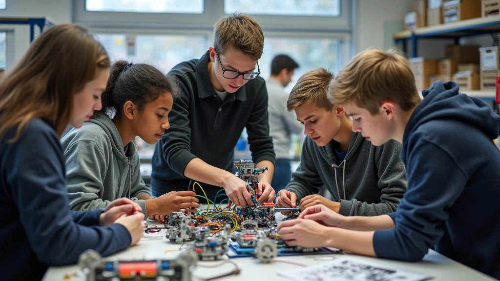Diverse group of high school students collaborating on robotics project in well-equipped engineering workshop, assembling mechanical components, teamwork and technical problem-solving, modern technology visible, natural lighting