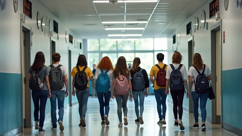 High school students walking through modern hallway with digital clocks on walls, backpacks and folders, natural lighting from windows, diverse group in motion during passing period