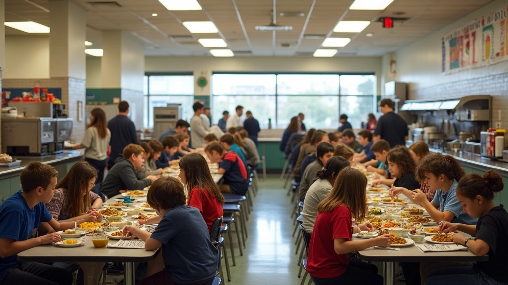 Busy school cafeteria with students eating at tables, multiple serving stations with food, bright fluorescent lighting, crowded but organized lunch environment