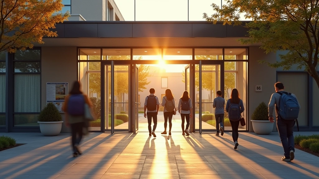 School building exterior at 8:00 AM morning arrival time, students entering main doors, morning sunlight, urban school setting with security entrance visible