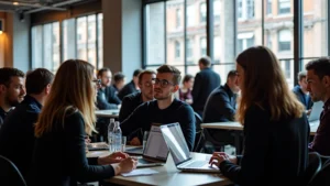 Professional tech conference attendees networking in modern Brooklyn venue with floor-to-ceiling windows, laptops and notebooks visible, contemporary urban setting