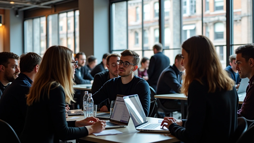 Professional tech conference attendees networking in modern Brooklyn venue with floor-to-ceiling windows, laptops and notebooks visible, contemporary urban setting