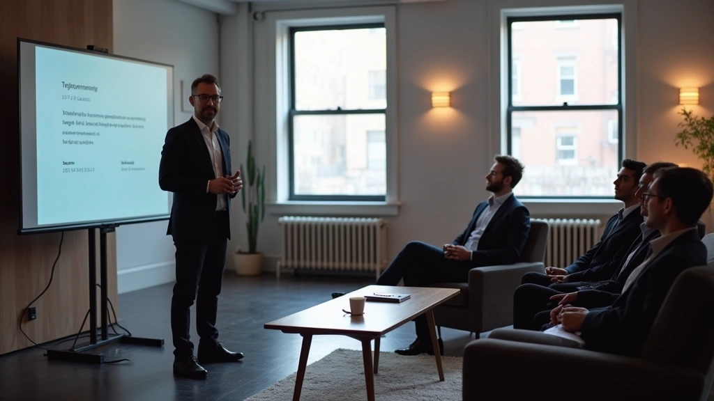 Tech startup founder pitching to panel of venture capital investors in minimalist Brooklyn loft space, presentation screen visible, professional business attire