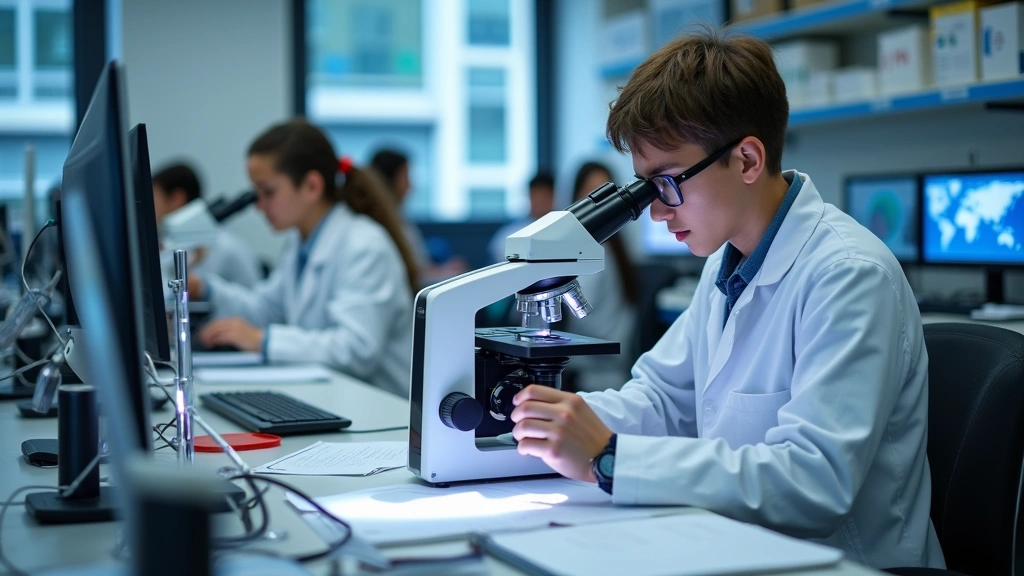 Modern high school STEM laboratory with students using precision scientific instruments, microscopes, and digital displays, photorealistic high-quality equipment in contemporary classroom setting