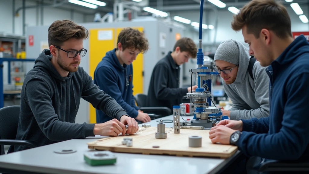 Advanced engineering workshop with CNC machinery, 3D printers, and robotics equipment, students collaborating on technical projects, professional-grade fabrication tools in educational environment