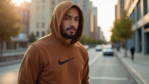 Man wearing brown Nike Tech Fleece hoodie in modern urban setting, natural outdoor lighting, warm earth-tone color palette, photorealistic detail on fabric texture