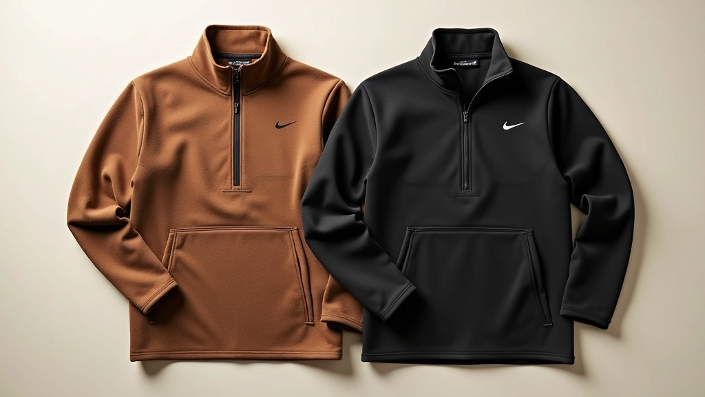 Flat lay comparison of brown and black Nike Tech Fleece pieces side-by-side on neutral background, showing fabric weave detail and color contrast, professional product photography style