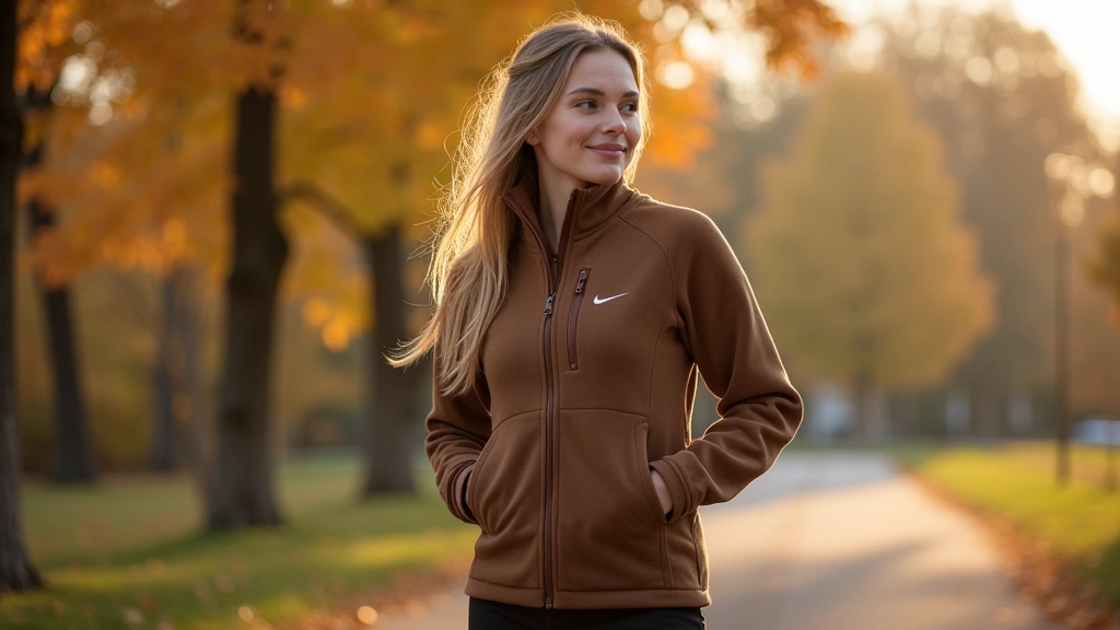 Woman styling brown Nike Tech Fleece jacket with neutral accessories, autumn setting with natural warm lighting, demonstrating versatile outfit coordination options