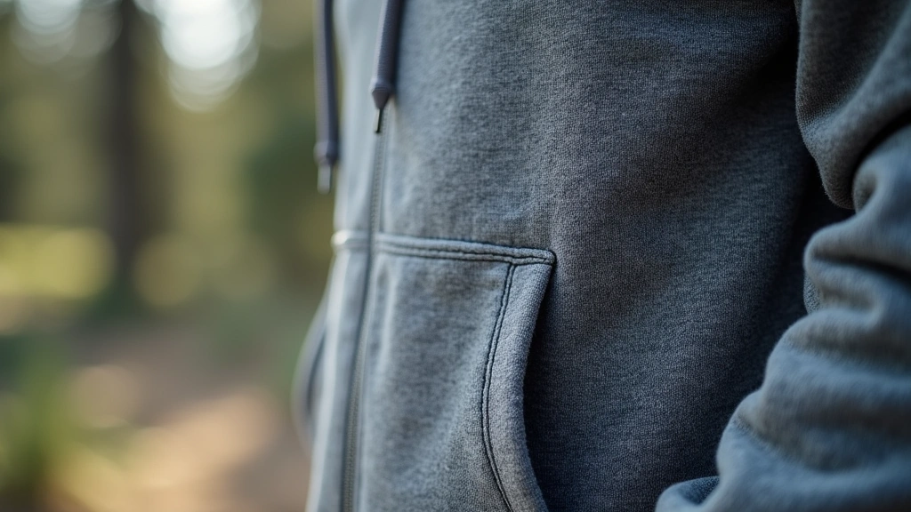 Close-up of gray hoodie fabric texture showing weave pattern and stitching detail, outdoor background slightly blurred, natural daylight, photorealistic