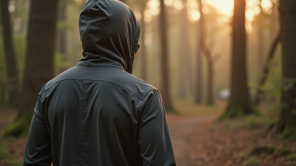 Person wearing charcoal Browning hoodie during light outdoor activity, forest setting, showing fit and silhouette from side angle, casual pose, photorealistic