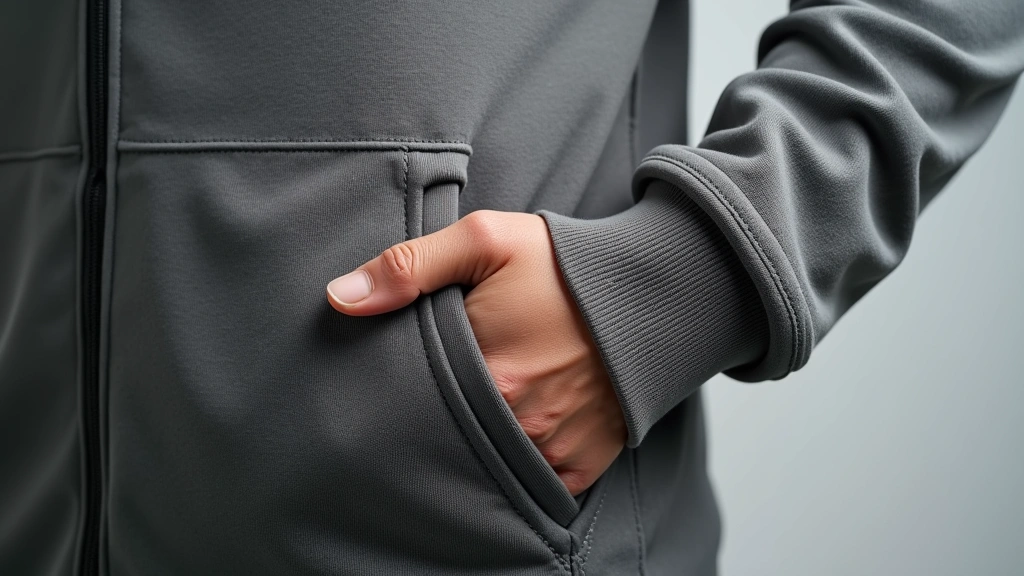Detail shot of hoodie pocket construction and reinforced seams, fabric texture prominent, neutral background, professional product photography style, photorealistic
