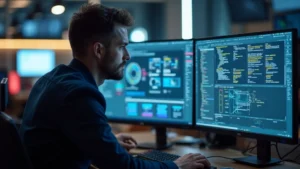 Professional male technology engineer working at modern workstation with multiple monitors displaying code and system architecture diagrams, focused expression, contemporary office environment