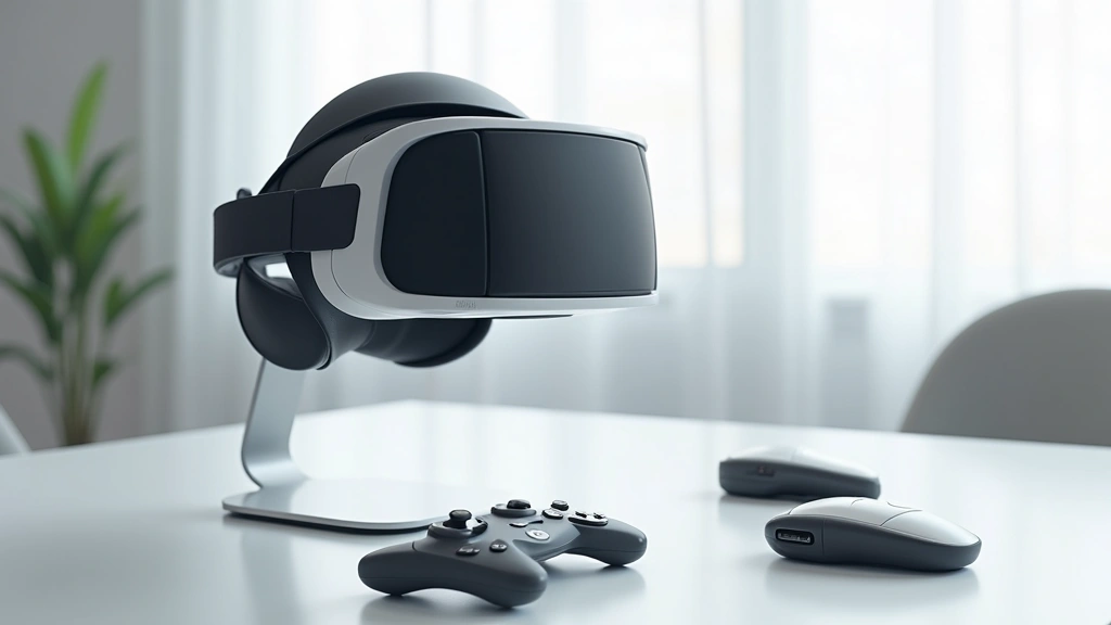 Professional VR headset display showing Meta Quest 3 with controllers on minimalist white desk setup, photorealistic side-angle view showing screen quality and design details