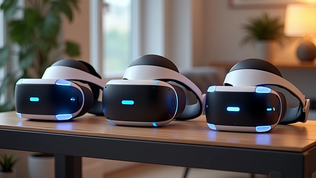 Multiple premium VR headsets arranged on modern tech showcase table with soft studio lighting, showcasing PSVR2, Valve Index, and HTC Vive XR Elite together in lifestyle setting