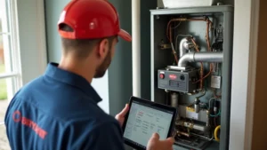 Professional HVAC technician performing maintenance on modern Bryant heating system in residential home, holding diagnostic tablet, detailed equipment visible, natural lighting