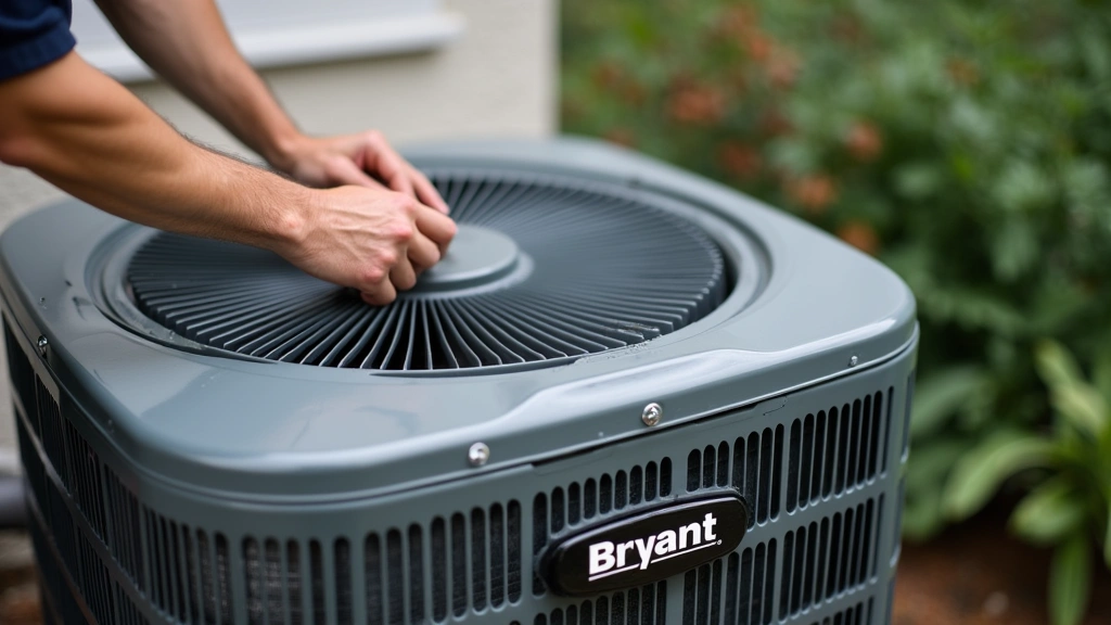 Close-up of Bryant air conditioning unit outdoor component with technician hands performing inspection, clear product identification, tools visible, professional setting