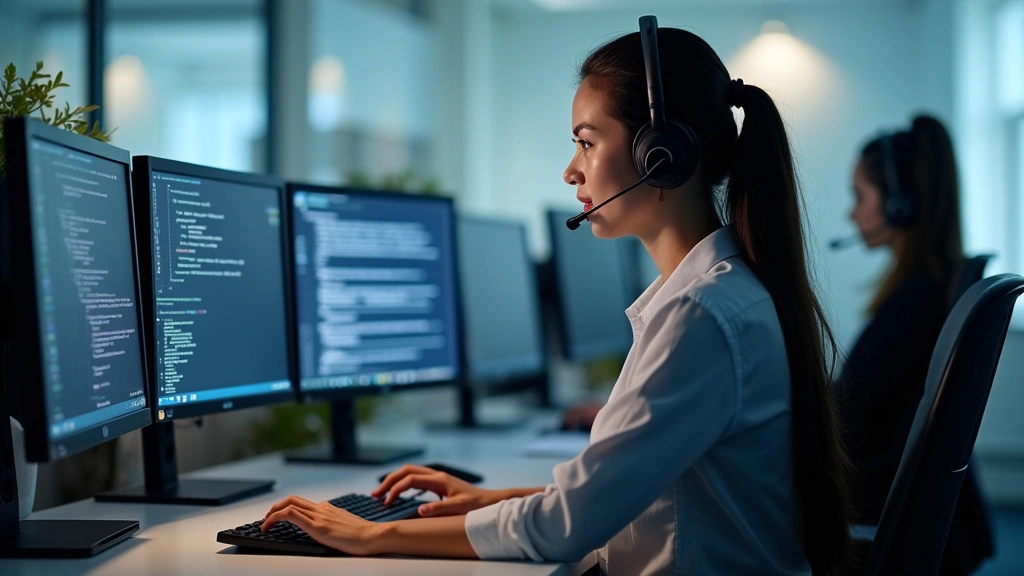Customer service representative at computer workstation handling technical support calls, professional office environment, multiple monitor setup, no visible text on screens