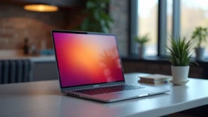 Professional product photography of sleek portable laptop displaying vibrant screen, minimalist aluminum design, modern workspace background with soft lighting