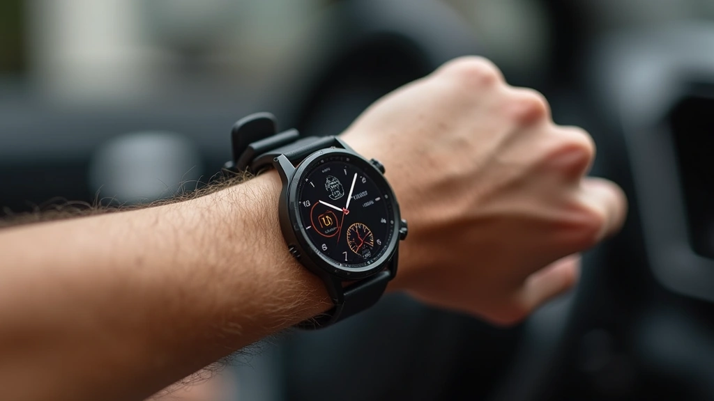 High-end smartwatch on wrist showing health metrics, premium watch face, fitness tracking interface, professional lifestyle setting with natural daylight