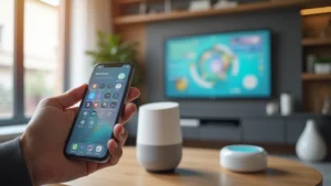 Modern smart home central hub displaying connected ecosystem with smartphone showing control interface, voice assistant speaker, smart thermostat, and connected devices in contemporary living room setting