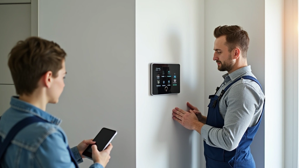 Professional technician installing smart home devices with wireless connectivity equipment, network hub setup, and smart thermostat configuration on modern home wall