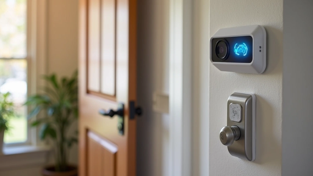 Smart home security system installation showing connected camera, smart door lock, motion sensors, and control panel with LED indicators in residential entryway