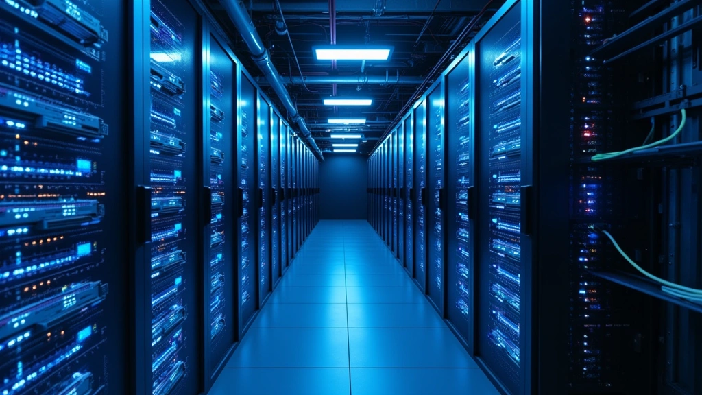 Modern data center with illuminated server racks, fiber optic cables glowing blue, professional networking equipment, cool blue ambient lighting