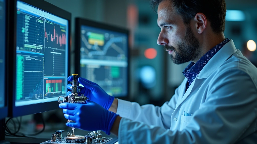 Engineer testing sophisticated tech hardware with precision instruments and digital displays, laboratory environment, focused concentration