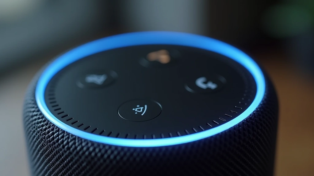 Close-up of touch controls and LED indicator ring on smart speaker device, showing responsive interface elements and status indicators