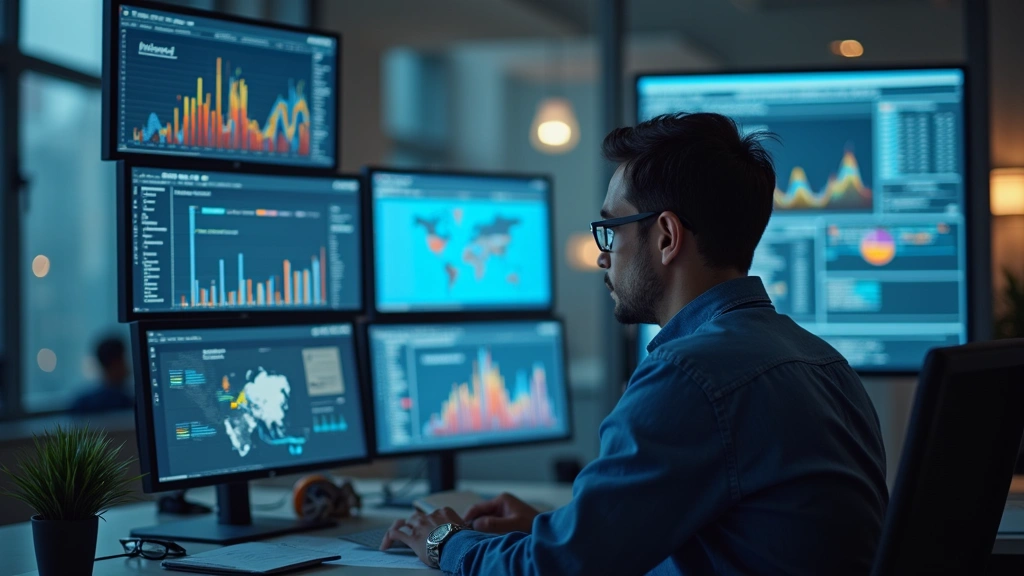 Professional data analyst reviewing business intelligence dashboards on multiple high-resolution monitors in a modern corporate office environment with soft natural lighting