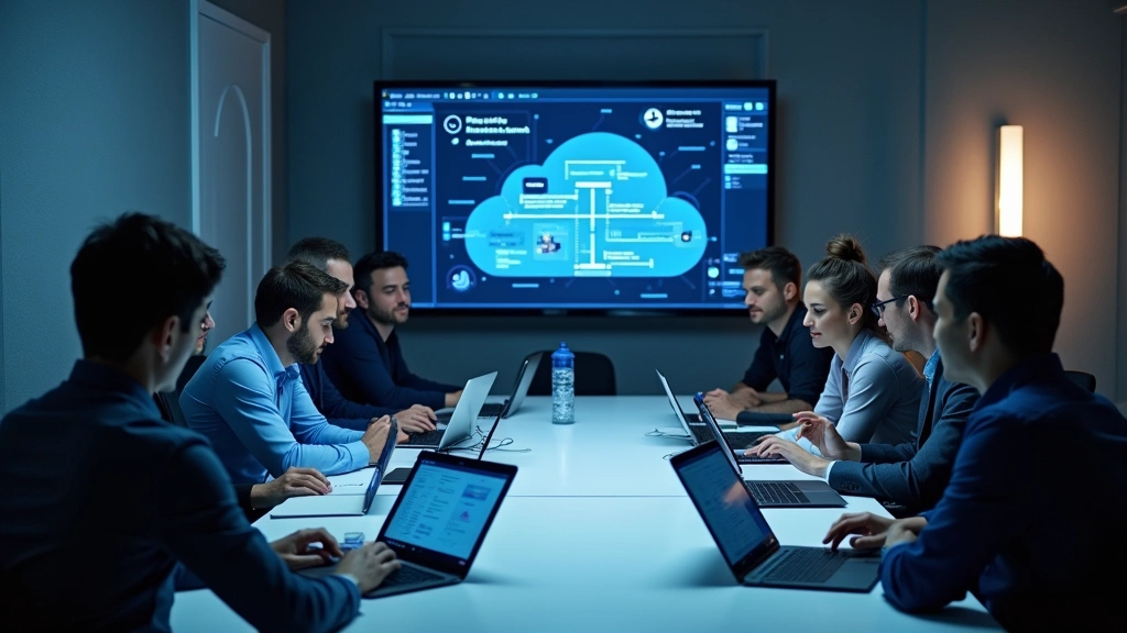 Team of cloud engineers collaborating around a conference table with laptops displaying cloud architecture diagrams and infrastructure monitoring dashboards