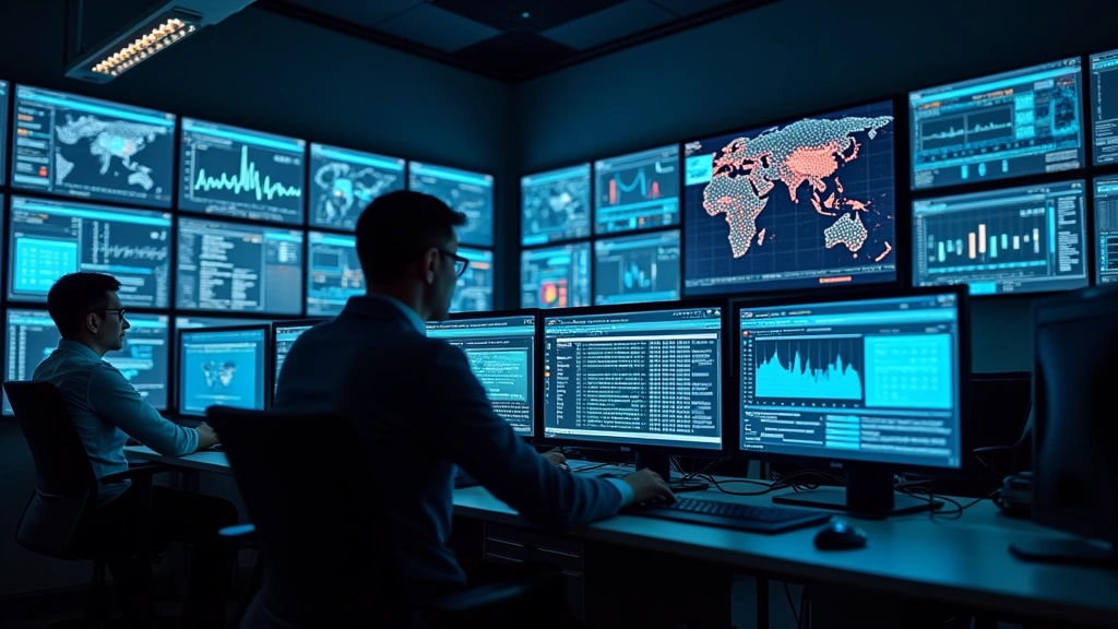Cybersecurity operations center with multiple screens displaying network traffic analysis, threat detection alerts, and security monitoring systems in action