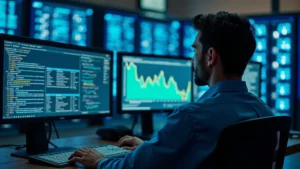 Professional IT support technician monitoring multiple server screens in a modern data center control room, blue and green dashboard displays showing system metrics, clean modern workspace with professional equipment