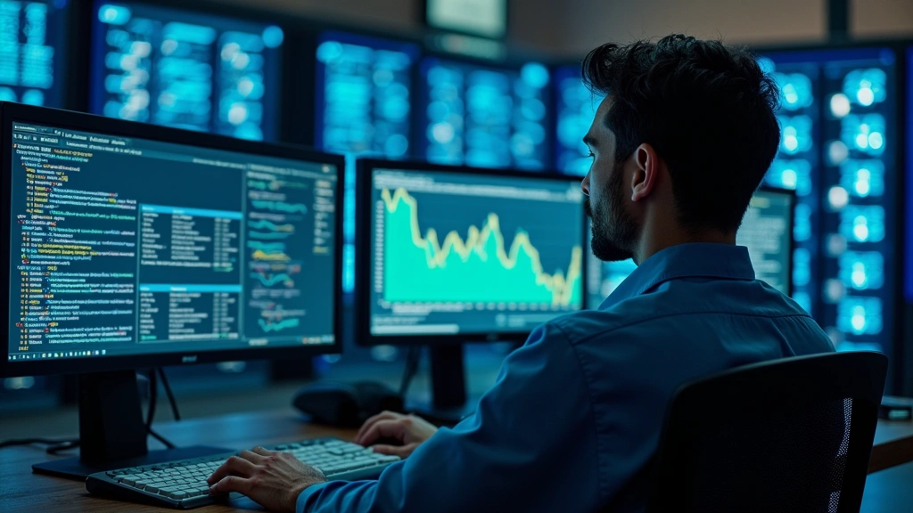 Professional IT support technician monitoring multiple server screens in a modern data center control room, blue and green dashboard displays showing system metrics, clean modern workspace with professional equipment