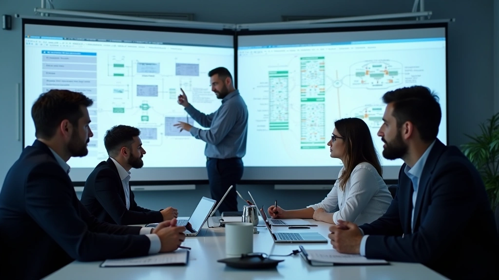 Team of business professionals in a collaborative meeting reviewing technical documentation and system architecture diagrams on large display screens, focused and engaged discussion